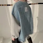 Moletom jeans feminino gola redonda com patch de letras, perfeito para um visual casual e estiloso, confortável e ideal para o dia a dia. — foto 6