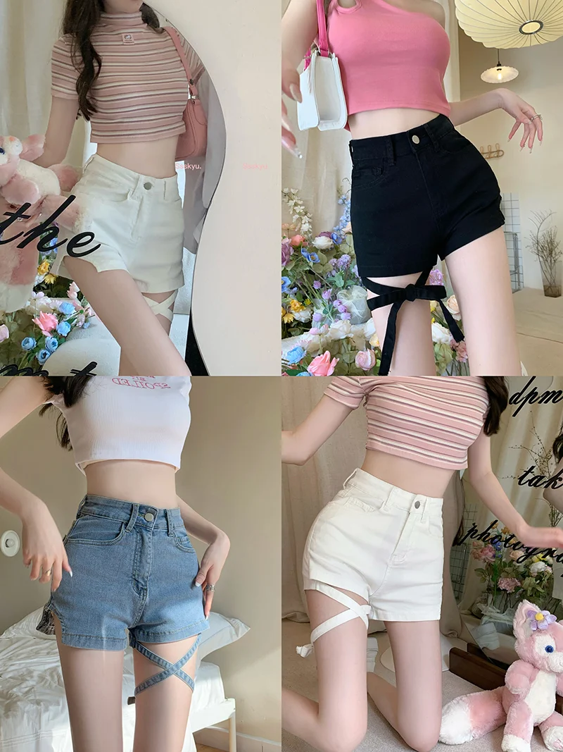 Title 5, Dames Straight Denim Shorts met Veters Dun