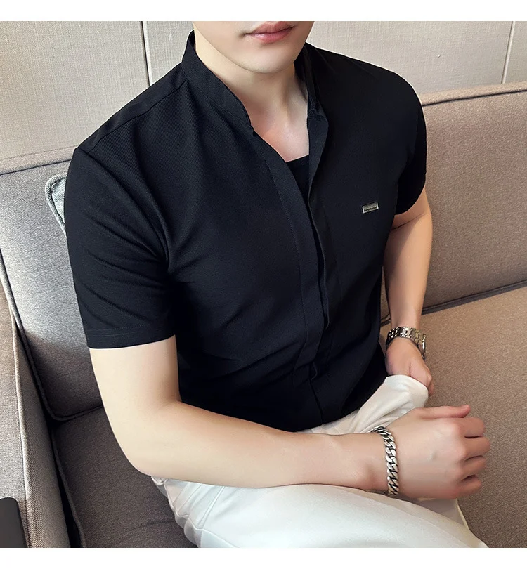Camisa de manga curta waffle leve de verão Gola alta Design de nicho Perfeita para o calor, estilo e conforto inigualáveis. — foto 26