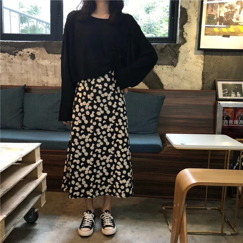 Saia floral de pintura a óleo de comprimento médio estilo coreano feminina Cintura alta e fina Saia longa de chiffon — foto 4