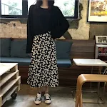 Saia floral de pintura a óleo de comprimento médio estilo coreano feminina Cintura alta e fina Saia longa de chiffon — foto 4