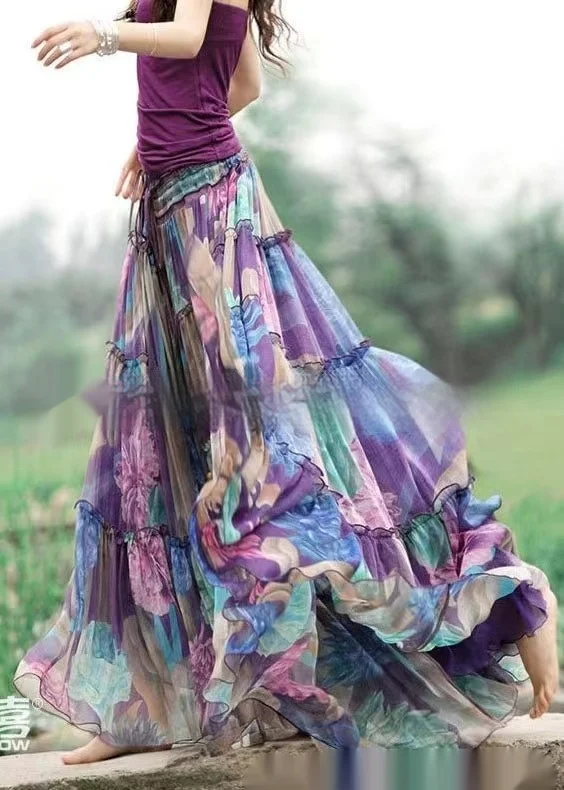 Title 2, Printed Elastic Waist Slimming Large Hem Skirt,...