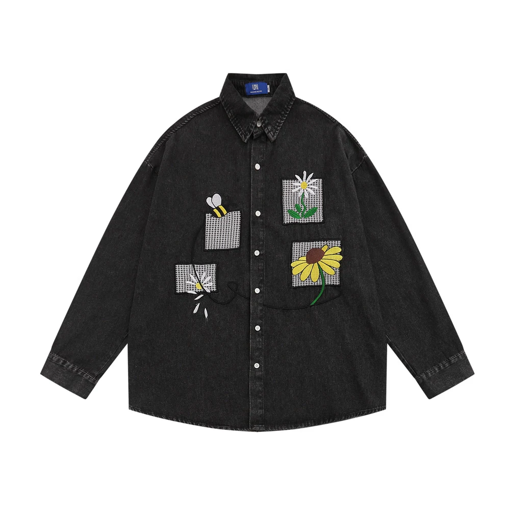 Title 2, Floral Embroidery Denim Washed Long Sleeve Shir...