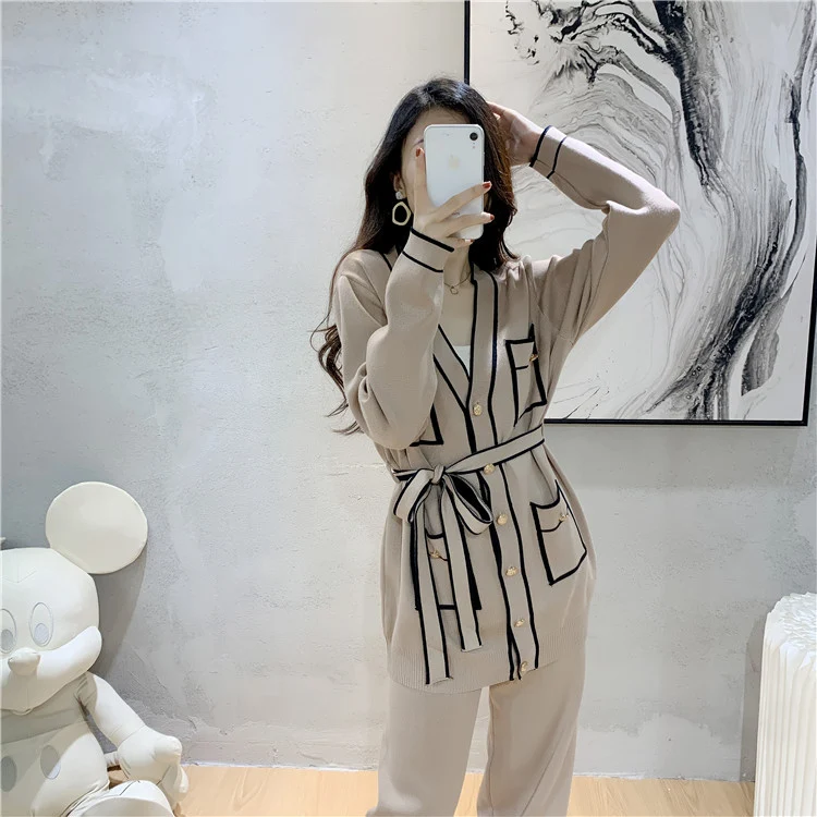 Title 19, Winter Knitted Cardigan Wide-leg Pants Suit Wom...