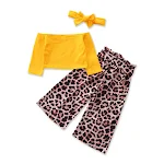 Kinder set met gele top met één schouder en lange mouw, luipaardprint broek met wijde pijpen, 2-delig, comfortabel en modieus — foto 1