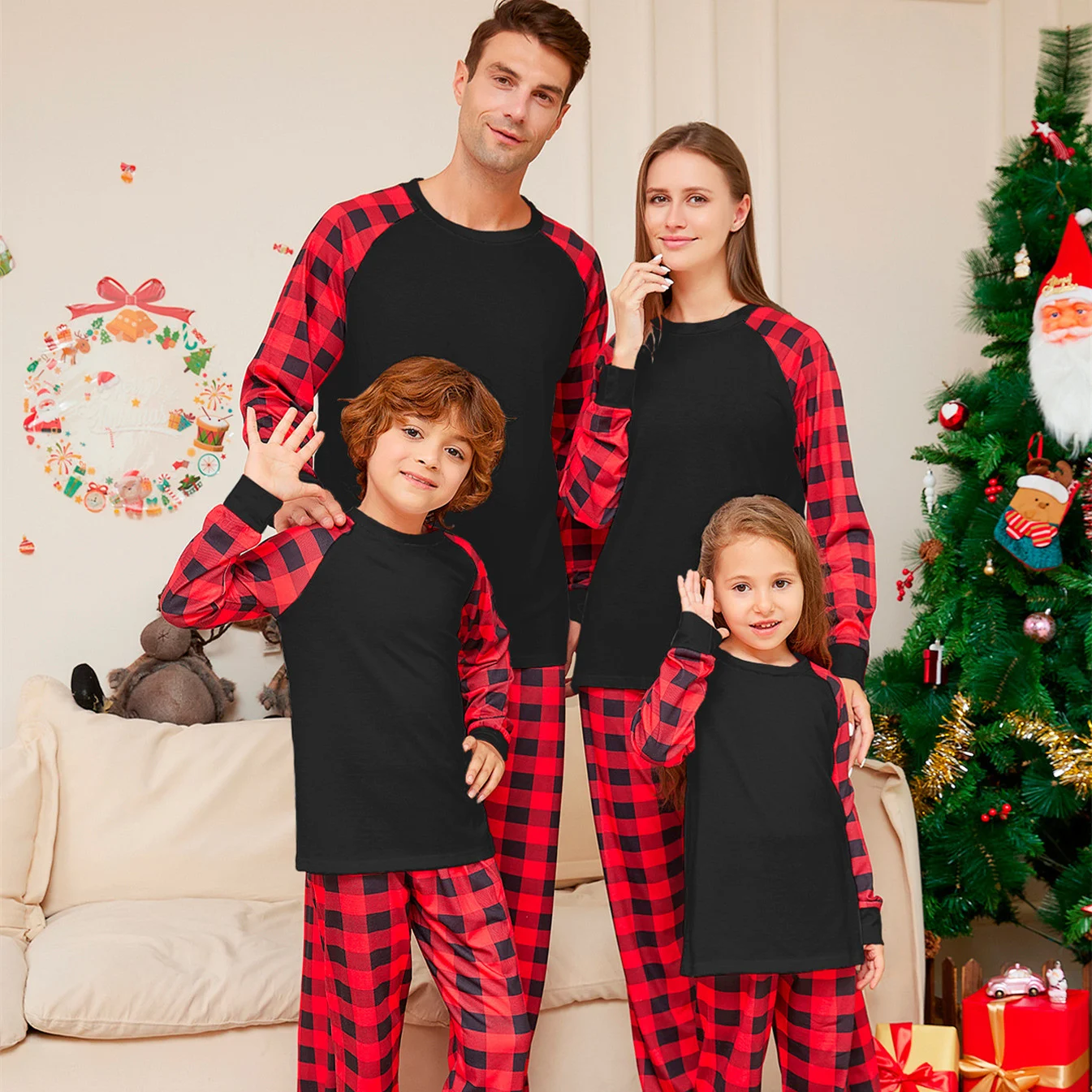Conjunto de pijama feminino de Natal, cor sólida com estampa xadrez, ideal para noites aconchegantes e presentear, conforto e estilo. — foto 1