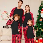 Conjunto de pijama feminino de Natal, cor sólida com estampa xadrez, ideal para noites aconchegantes e presentear, conforto e estilo. — foto 1