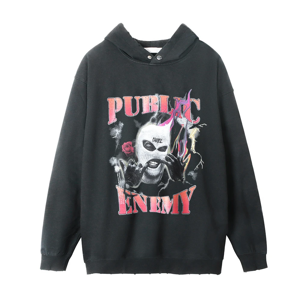 Moletom com capuz estampado masculino, estilo street hip-hop casual desgastado, perfeito para um visual urbano e confortável. — foto 4