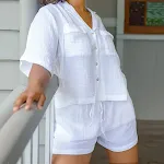 Short Sleeve Shorts Pajamas Crepe Cotton Breathable White Simple Comfortable Ladies Home Leisure Suit — photo 1