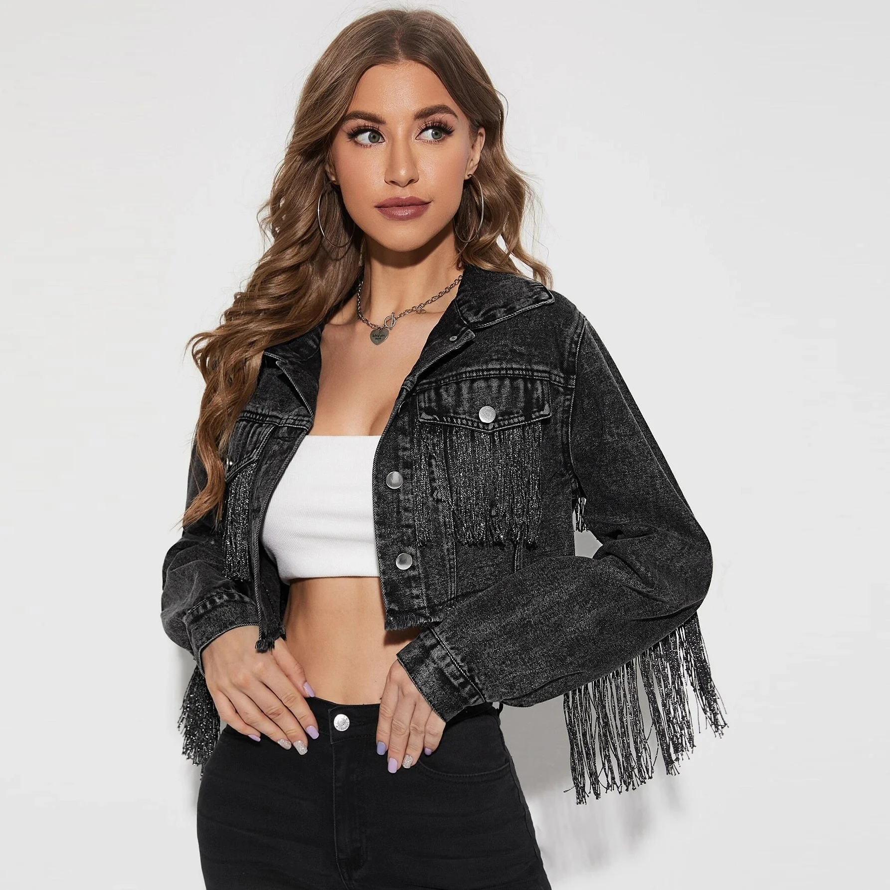 Women's Fashionable Fringed Stitching Distressed Denim Jacket, a stylish and versatile piece perfect for creating a chic — photo 4