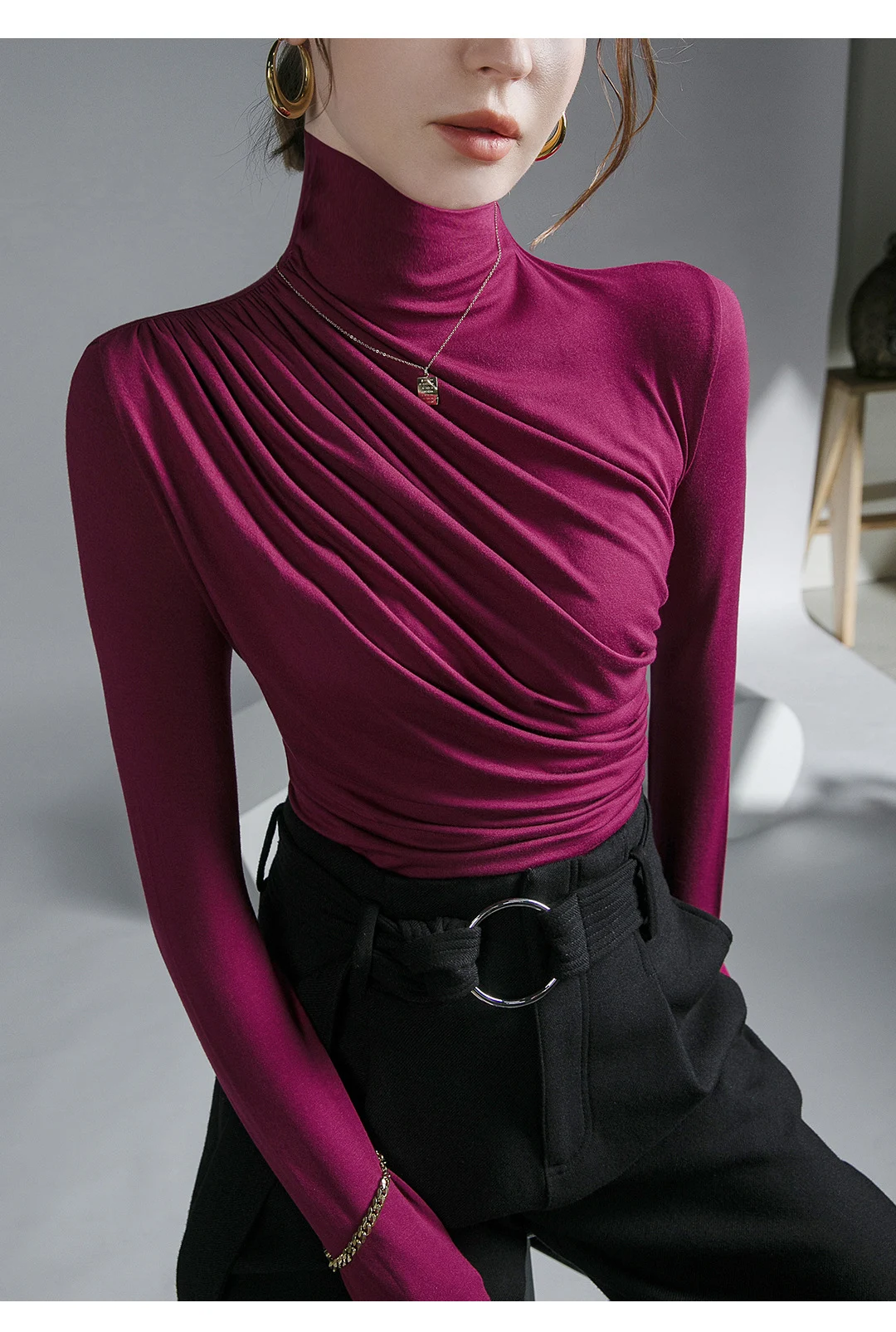 Title 3, Elegant High Neck Peplum Top Bottoming Shirt