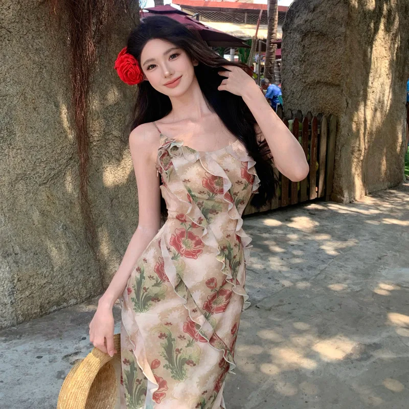 Title 2, Printed Ruffled Spaghetti Straps Dress