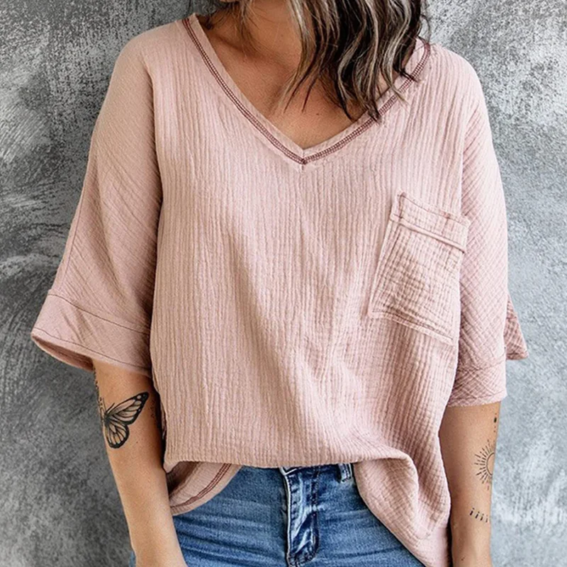 Women's Spring and Summer Fashion V-neck Pocket Split Half Sleeve Top, a stylish and comfortable shirt perfect for warm — photo 16
