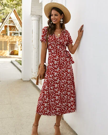 Title 8, European And American Summer Printed V-neck Dress
