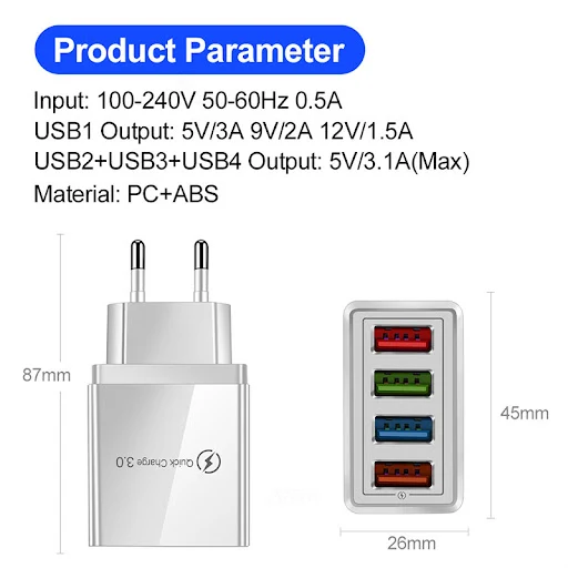 Title 6, USB Charger Quick Charge 3.0 4 Phone Adapter Fo...