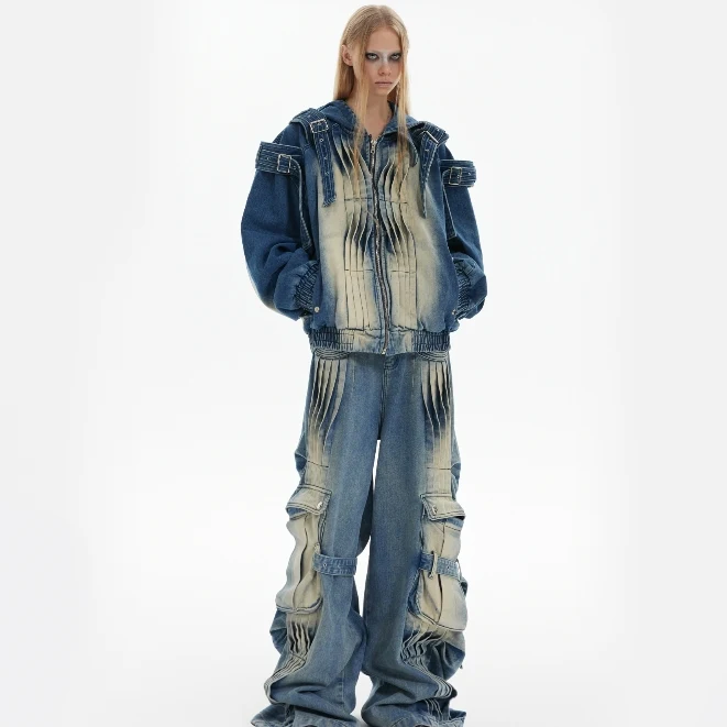 Retro Washed Distressed Jeans mit Falten-Design, strapazierfähig. Robuste Jeans für einen lässigen, vintage-inspirierten Look. Alltagstauglich. — foto 2