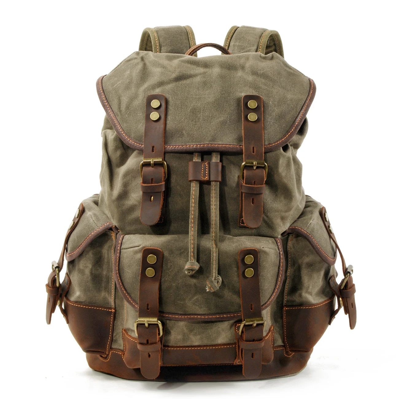 Mochila de montanhismo em couro e lona com costura reforçada para trilhas e escaladas. Aventura ao ar livre com durabilidade e estilo. — foto 5