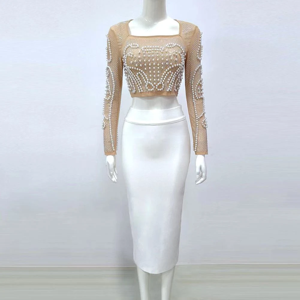 Title 5, Beaded Studded Long Sleeve T-Shirt Midi Skirt T...