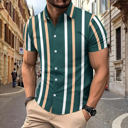 Title 6, Camisa masculina casual de manga curta com list...