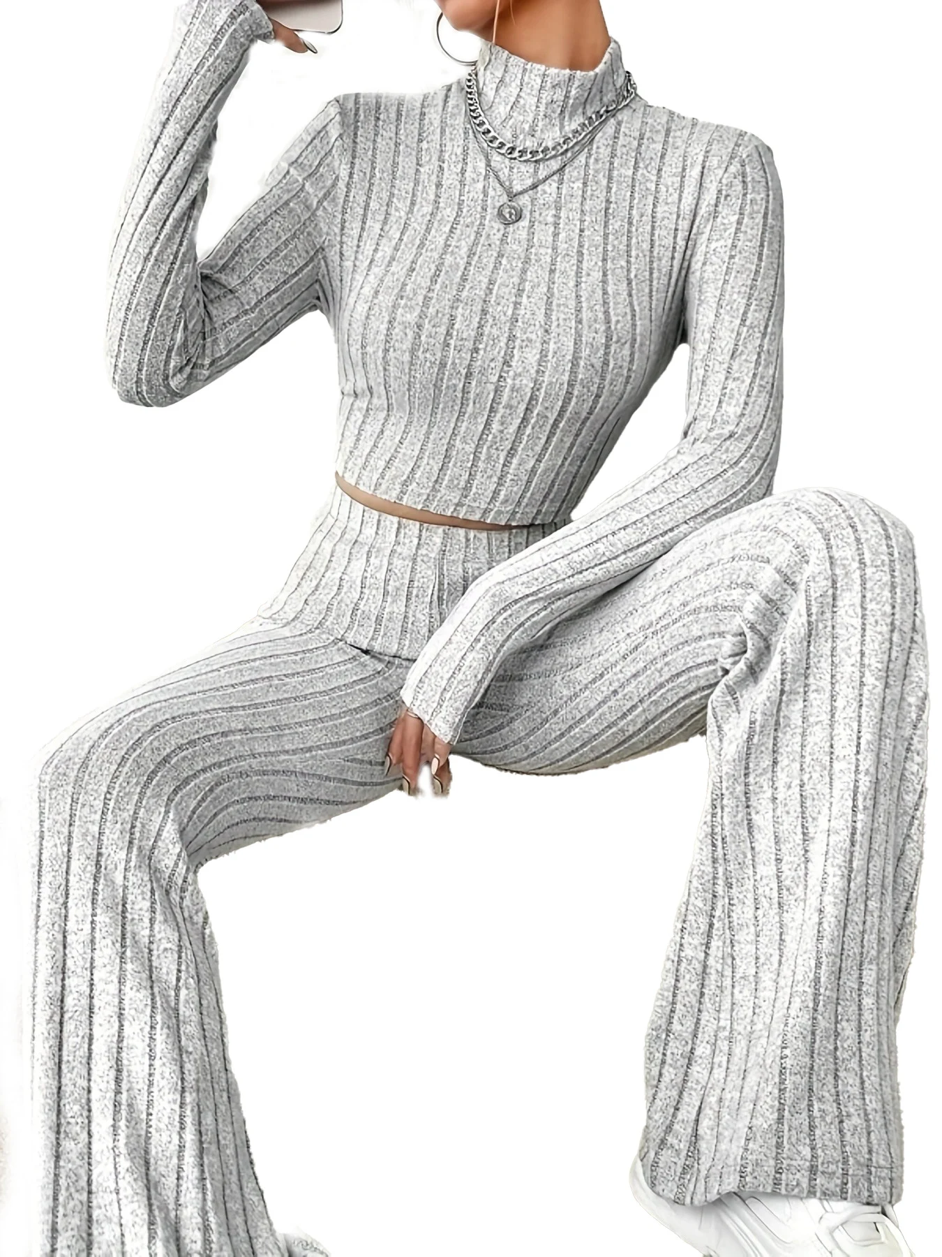Title 8, Solid Color Rib Fabric Womens Long-sleeved Kni...