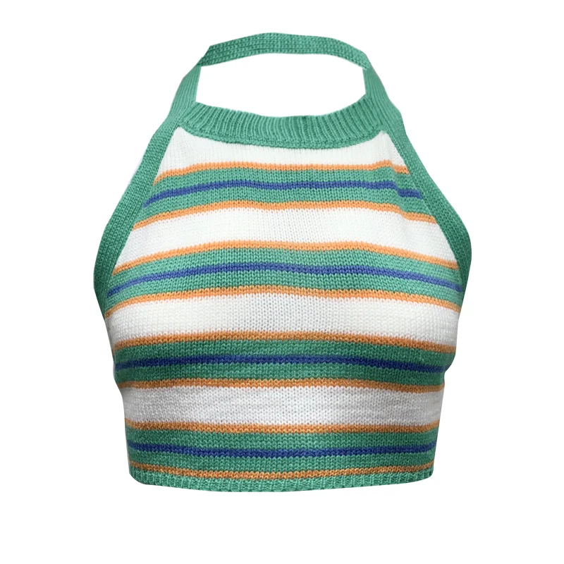 French Care Stripe Cropped Navel Halter Knit Tank Top — photo 1