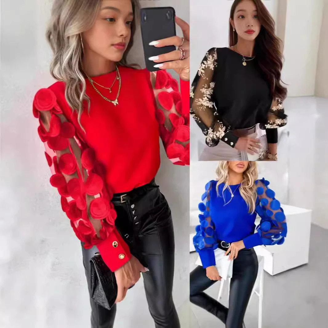 Camicia a maniche lunghe a petalo con scollo rotondo alla moda — foto 9