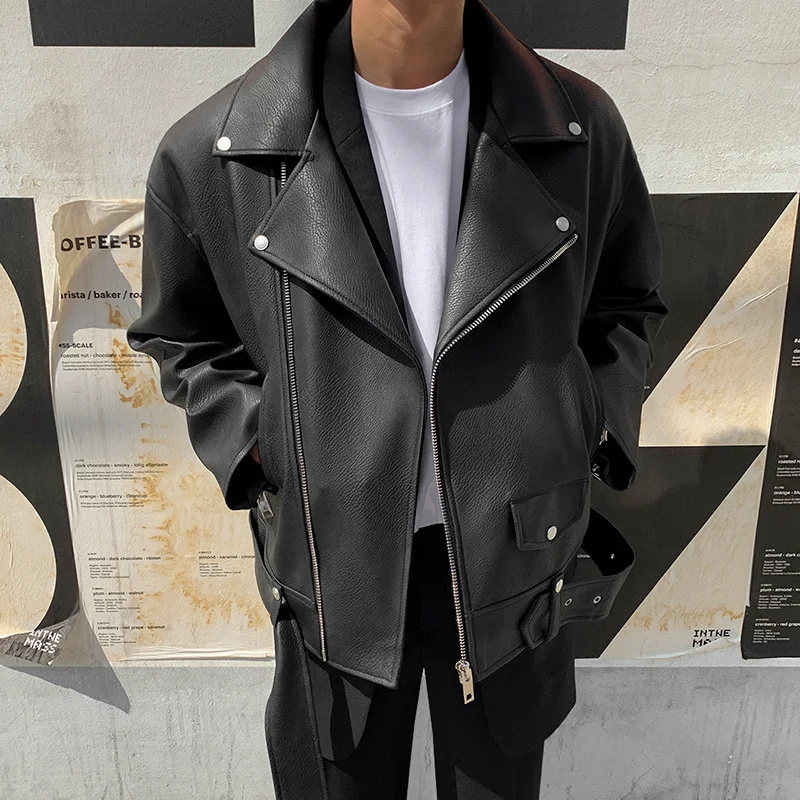 Men's Handsome Oblique Zipper Slim Leather Jacket, a trendy and stylish choice for modern men, providing a sleek look. — photo 5