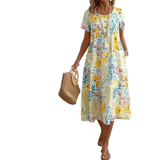 Title 6, Womens Colorful Sweet Floral Round Neck Dress