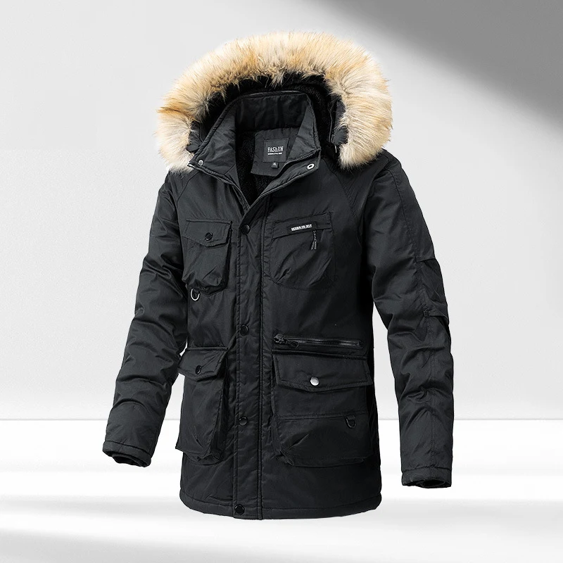 Men's Hooded Cotton-Padded Winter Thickened Washed Overalls Warm Big Fur Collar Coat for Cold Weather. — photo 4