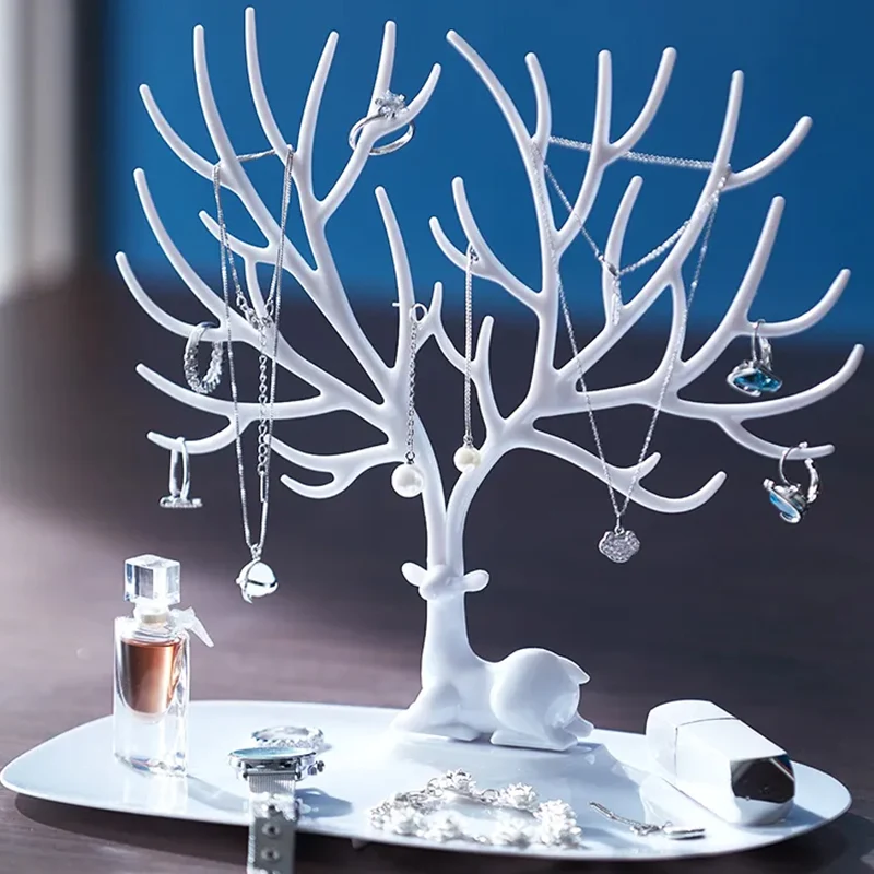 Expositor de Joias Cervo Suporte Brincos Colar Anel Bandeja Alça Cristal Chifres de Veado Display de Joias Organização e Elegância — foto 9