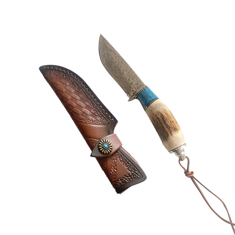 Damascus Steel Straight Knife with Antler and Turquoise Handle. Offers precision cutting with a comfortable grip for eve — photo 4