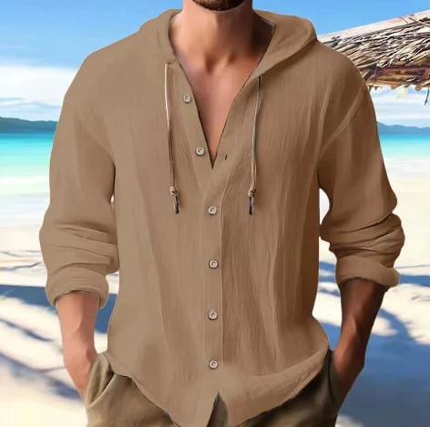 Camisa de algodão e linho com capuz, suéter, botões, manga longa. Perfeita para um visual casual e confortável, ideal para o dia a dia. — foto 15