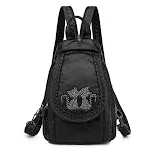 Mochila feminina de couro lavado, com bordados e rebites, pequena e estilosa, ideal para moda e uso diário, combinando praticidade e elegância. — foto 1