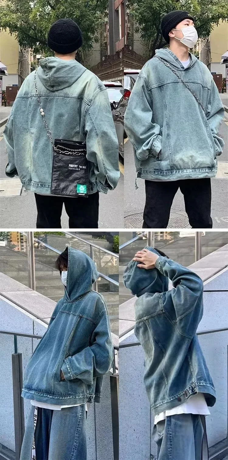 Title 5, Jaqueta jeans retrô com capuz masculina, top vi...