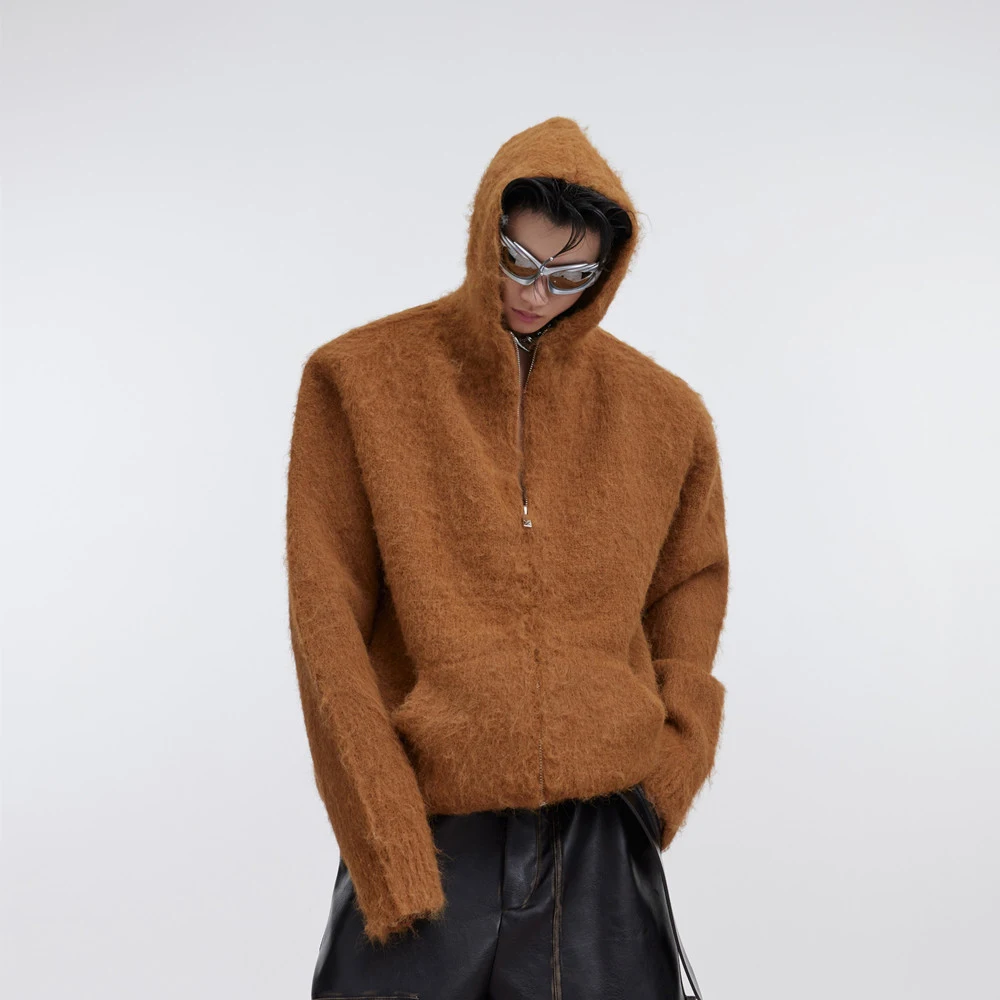 Cardigã de malha grossa com capuz em mohair para homens. Casaco de inverno quente e estiloso, macio e confortável, perfeito para o frio. — foto 1