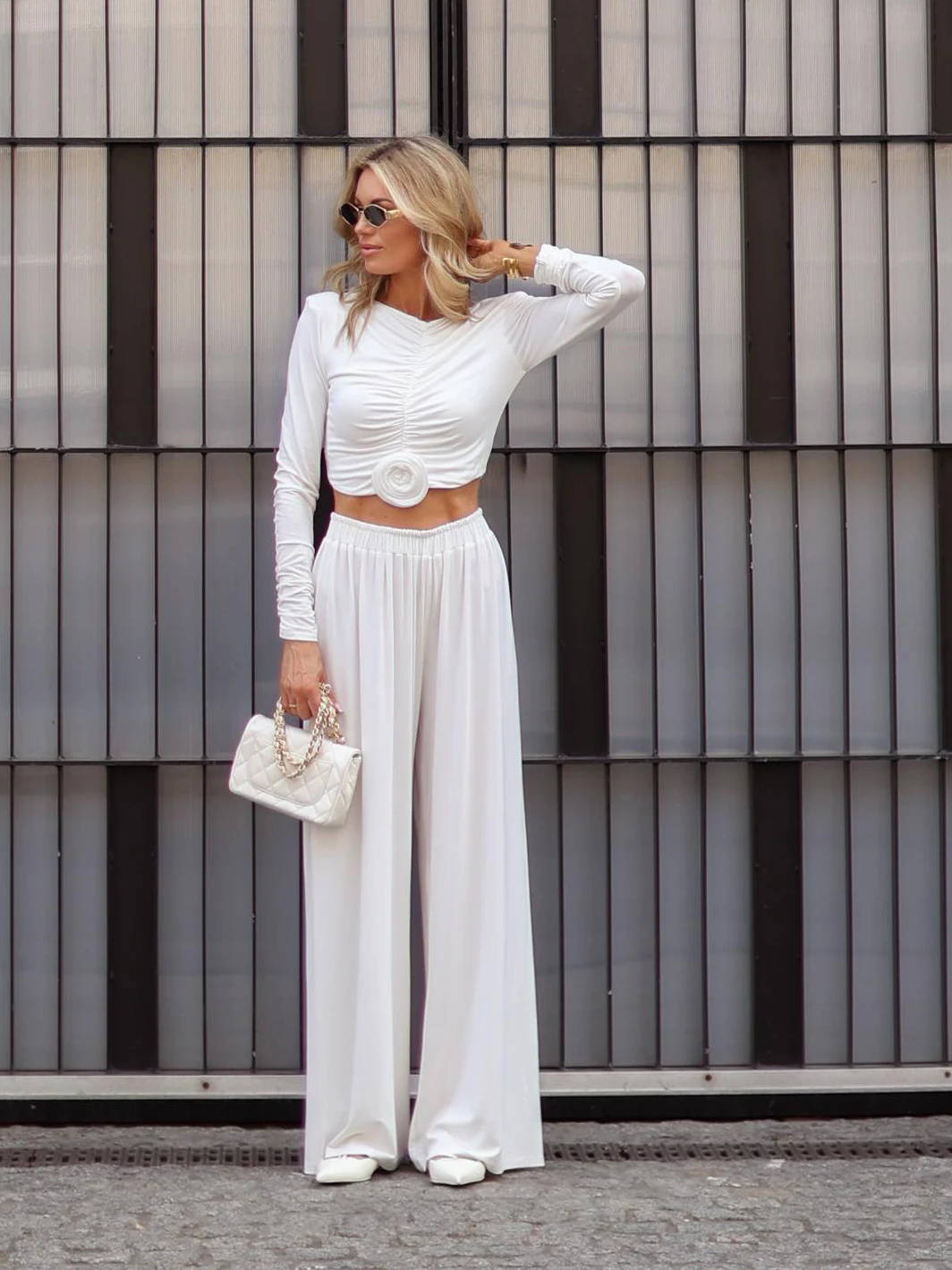Title 2, Casual Pleated Floral Long-sleeved Top & Pants ...