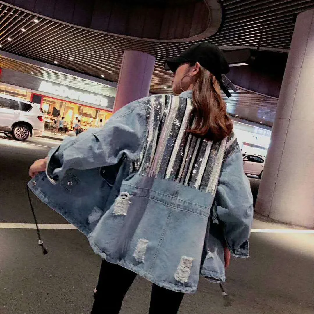 Title 5, Striped Contrast Mid-length Denim Jacket. A ver...
