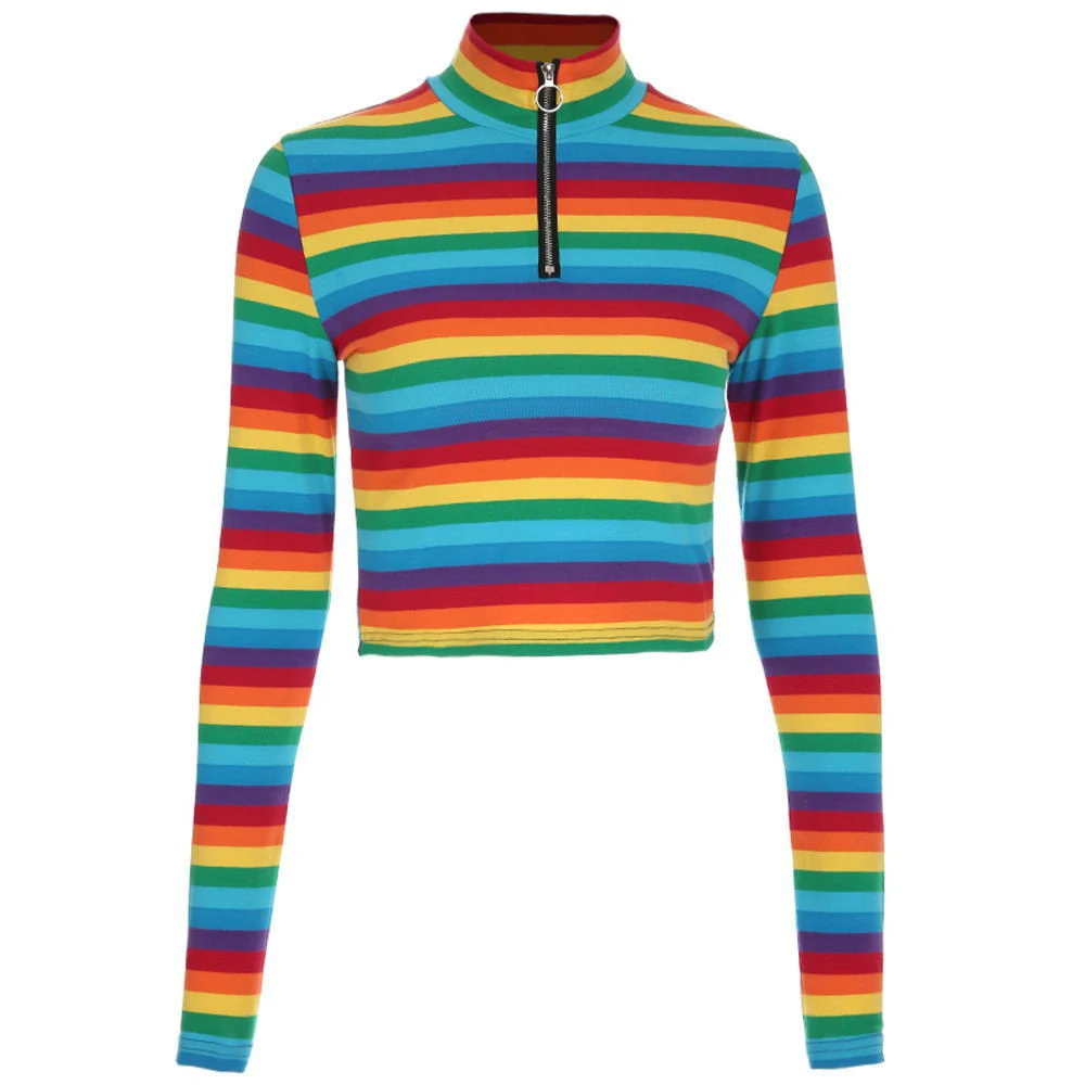 Rainbow Color Zipper Tops T shirt for women offers a stylish and versatile look, providing comfort and a unique design f — photo 5