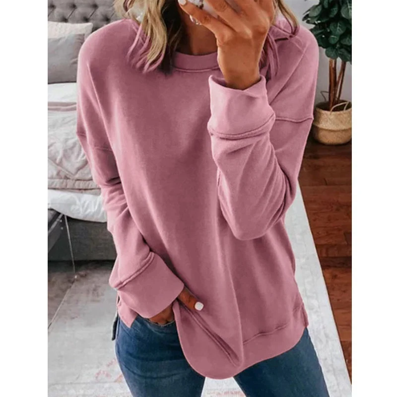 Camiseta casual de manga comprida solta com gola redonda e cor sólida — foto 5