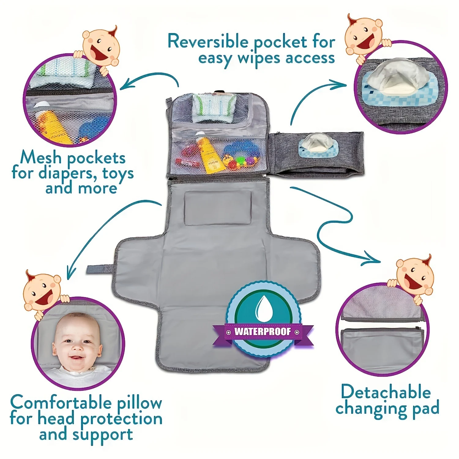 Trocador portátil impermeável para bebês, à prova d'água, compacto e fácil de limpar. Perfeito para viagens e passeios com seu bebê. — foto 4