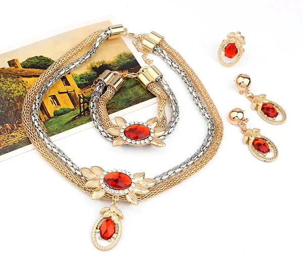 Conjunto nupcial de liga, quatro peças com flores de cristal bicolor europeias e americanas, colar, brincos, pulseira e anel 9132 — foto 1
