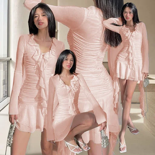 Title 8, Dames mesh geplooide jurk, slim-fit lange mouw