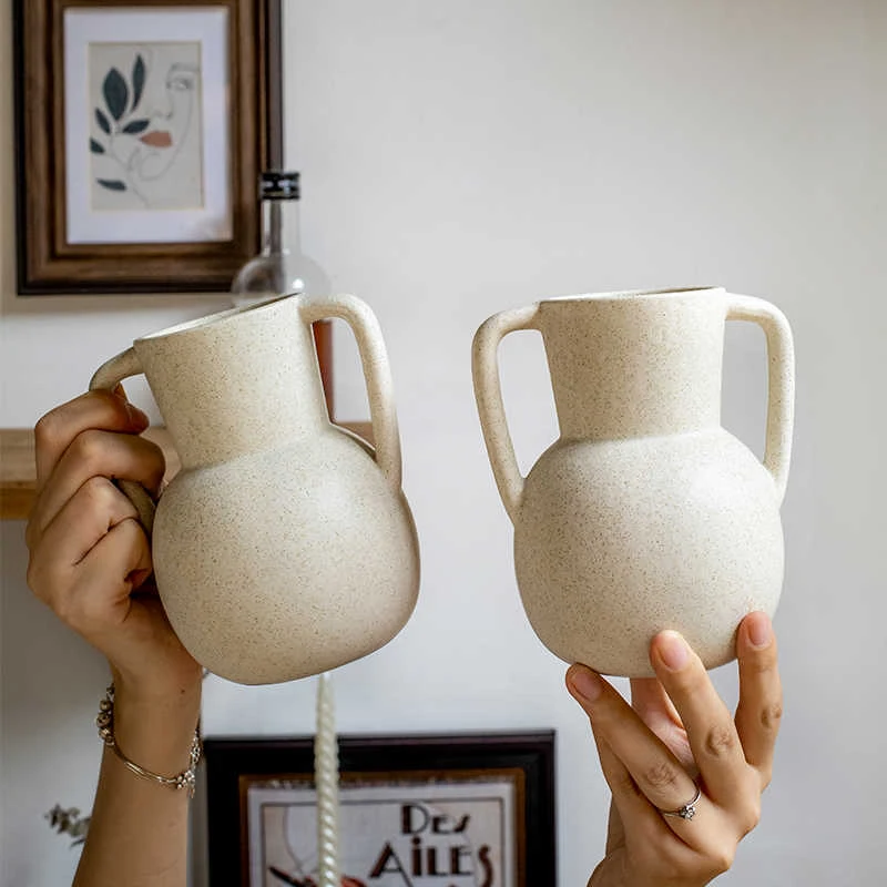 Title 2, Retro Beige Ceramic Binaural Vase Decorative Or...
