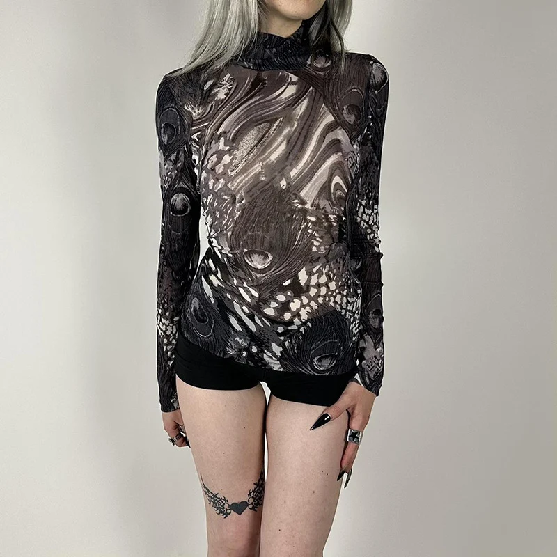 American Hot Girl Turtleneck Blooming Printed Mesh Bottoming Shirt Top, a stylish and breathable layering piece for a ch — photo 5