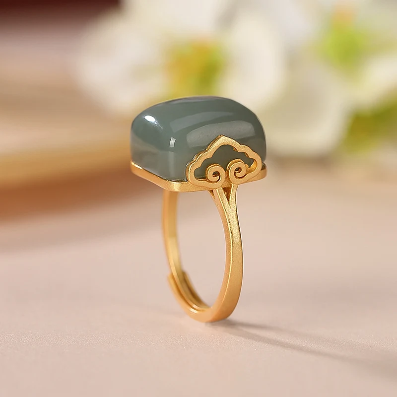 Anel Feminino de Prata Esterlina Banhado a Ouro Jade Hetian Elegância e Sofisticação Joia Perfeita para Uso Diário e Festas — foto 13