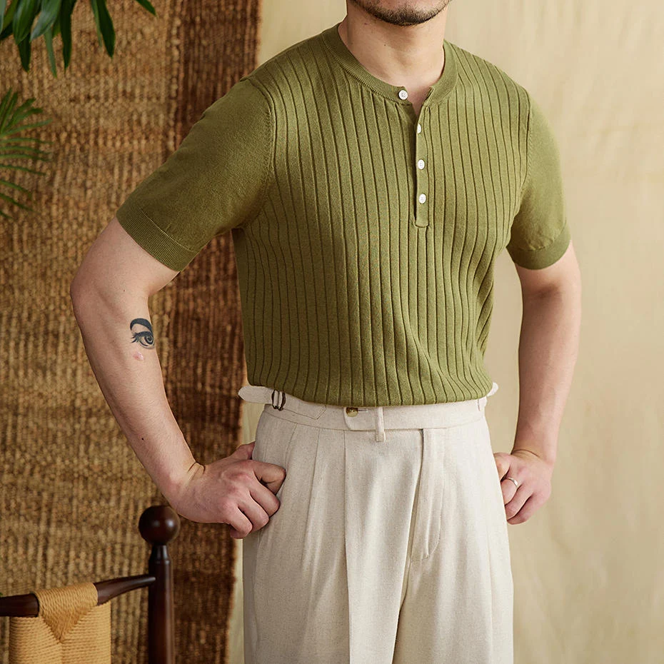 Camiseta masculina de manga curta com listras afundadas de Tencel e algodão para o verão, leve e respirável. — foto 6