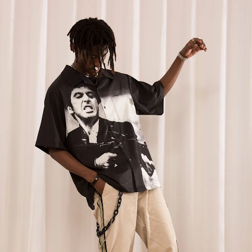 Title 4, Black Full Length Print Short Sleeve Shirt With...