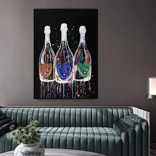 Title 6, Champagne Bottle Canvas Painting Colorful Art P...