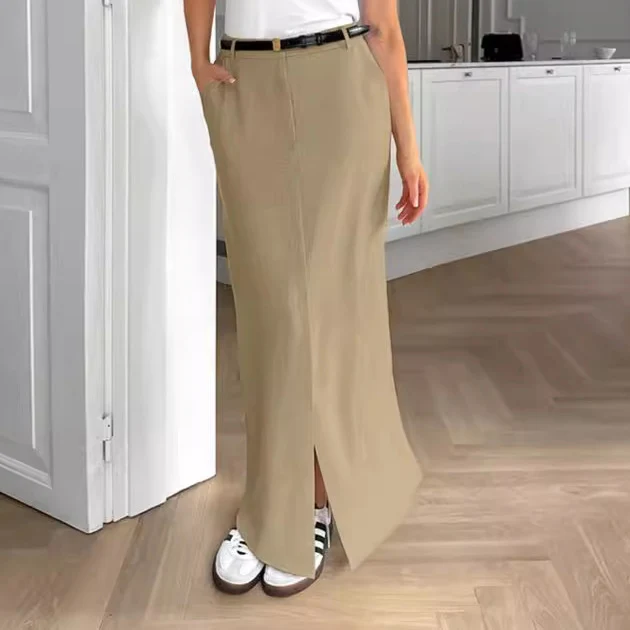 Saia de cintura alta com fenda, modelagem slim, corte lápis, fashion, para um visual elegante e sofisticado. — foto 2