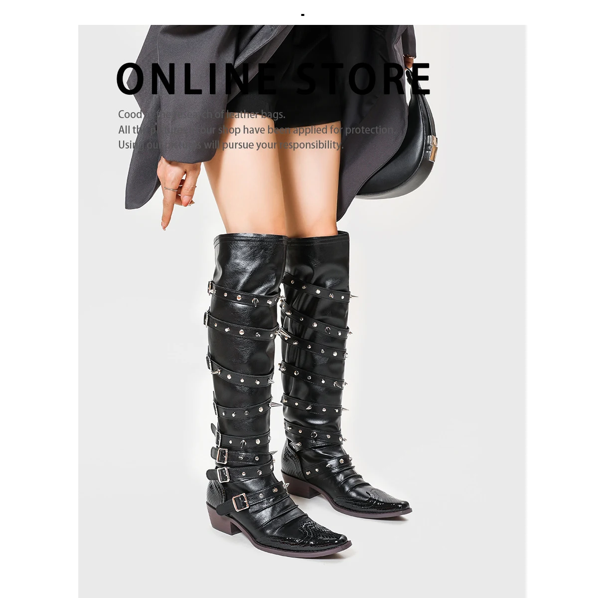 Punk Goth Westernlaarzen voor dames, wijde kuit, spitse neus. Creëer een opvallende, edgy look met deze laarzen. — foto 6